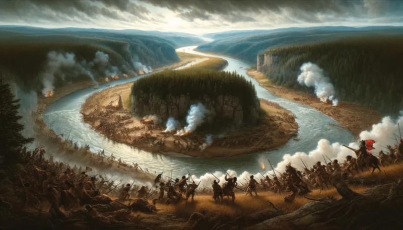 A dramatic landscape depicting the Battle of Horseshoe Bend in 1814. The scene features the bend of a wide, winding river surrounded by dense forests