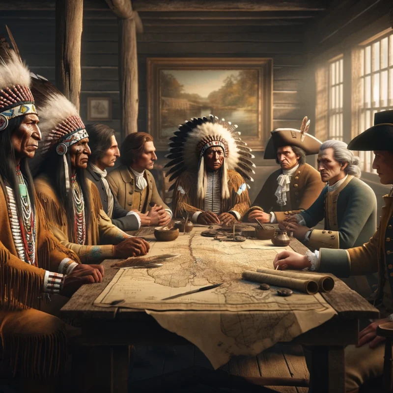 The scene features a meeting between Cherokee leaders and European settlers