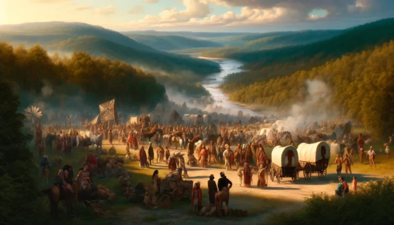  A realistic landscape image depicting the Treaty of New Echota and the ensuing Cherokee Removal in the 1830s. The scene shows a somber moment as Chero