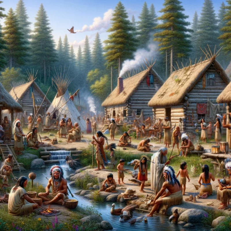  A realistic image of the Choctaw Tribe in the early 19th century. The scene features Choctaw people engaged in daily activities within their village.